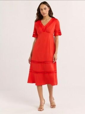 sofia by sofia vergara Red V-Neck Midi Dress with Lace Bands